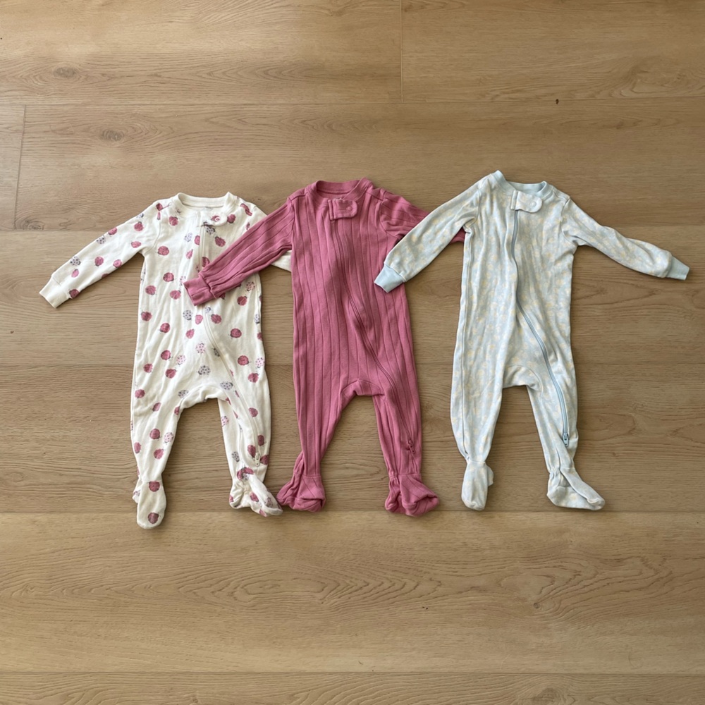 100% ORGANIC Cotton 3-Pack Baby Footed Pajamas - Cream, Pink, Light Blue
